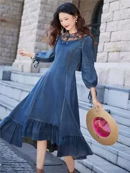 Johnature женское модное платье с вышивкой в китайском стиле однотонное нерегулярное джинсовое платье «рыбий хвост» M синий