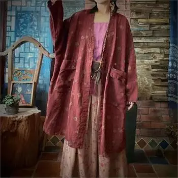 Johnature женское модное повседневное винтажное льняное пальто с v-образным вырезом и длинными рукавами в китайском стиле пальто-тренч