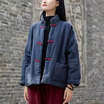 Johnature женское однотонное хлопковое пальто со стендом и пуговицами, пальто с карманами и длинными рукавами, зимнее пальто в китайском стиле One Size чёрный