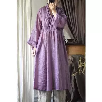 Johnature Женское однотонное платье в китайском стиле с V-образным вырезом и длинным рукавом, осеннее винтажное платье высокого качества One Size фиолетовый