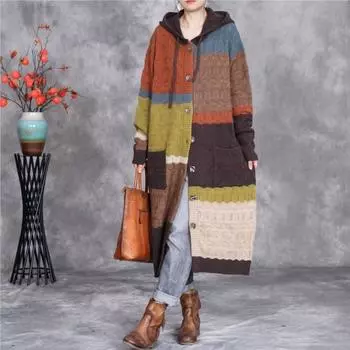 Johnature Женское Осеннее Корейское Винтажное Полосатое Контрастное Сращивание Свободное Повседневное Пальто Модное С Капюшоном Длинные Рукава Пальто One Size