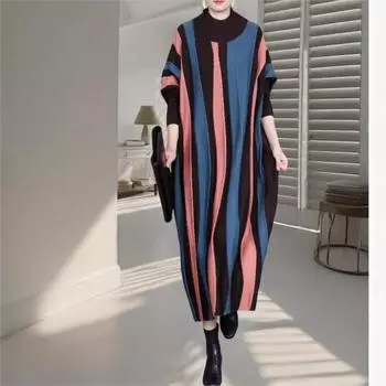 Johnature Женское Осеннее Модное Нишевое Контрастное Винтажное Полосатое Свободное Платье Рукав Летучая Мышь Платье С Высоким Рукавом One Size розовый