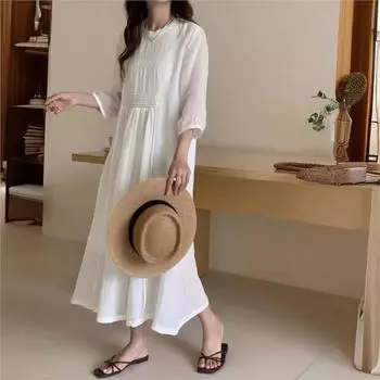 Johnature Женское осеннее модное однотонное платье А-силуэта с коротким рукавом в китайском стиле с круглым вырезом, свободное повседневное платье S белый
