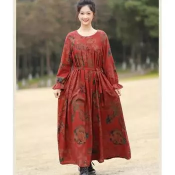 Johnature Женское Осеннее Модное Платье С Длинными Рукавами Ретро Принт Платье Свободное О-Образным Вырезом В Китайском Стиле Повседневное Платье L красный