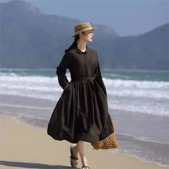 Johnature Женское осеннее модное повседневное платье А-силуэта с длинными рукавами, винтажное однобортное свободное платье L