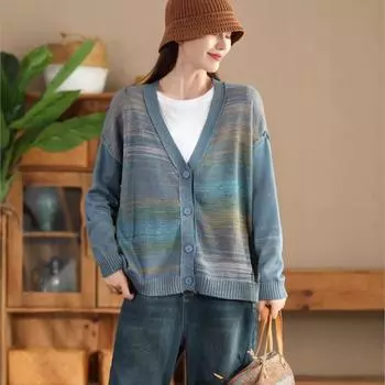 Johnature Женское осеннее модное повседневное трикотажное пальто с цветными блоками и V-образным вырезом в китайском стиле с длинными рукавами в винтажном стиле One Size