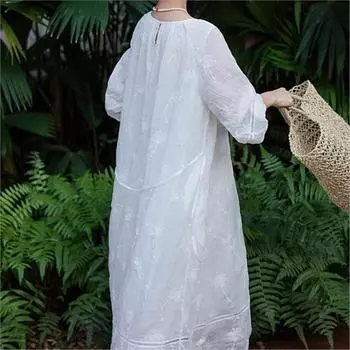 Johnature Женское осеннее модное свободное платье с вышивкой и длинными рукавами, повседневное платье с круглым вырезом и рукавами-фонариками S белый