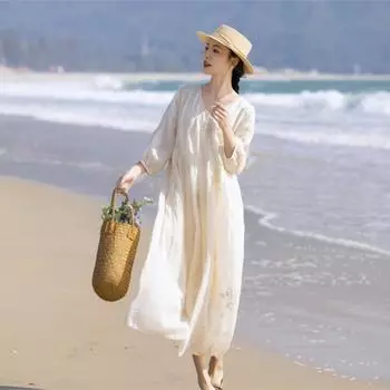 Johnature Женское осеннее модное свободное повседневное платье с вышивкой и V-образным вырезом в китайском стиле с длинными рукавами, однобортное платье S белый