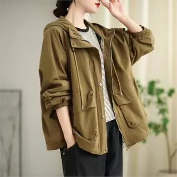 Johnature Женское Осеннее Модное Винтажное Хлопковое Повседневное Пальто С Капюшоном Корейское Ретро Однотонное Свободное Пальто со Шнурком One Size кофейный