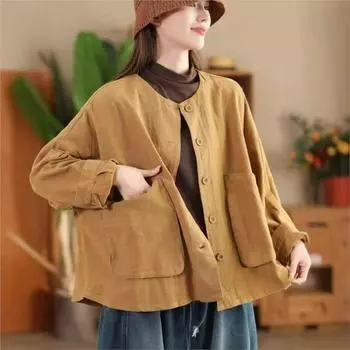 Johnature Женское Осеннее Модное Винтажное Свободное Повседневное Однобортное Пальто Длинные Рукава Однотонное Пальто С О-Образным Вырезом One Size