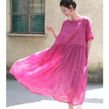 Johnature Женское Осеннее Нишевое Личное Однотонное Вышитое Платье О-Образным Вырезом Винтажное Свободное Платье Половина Рукава One Size темно-розовый