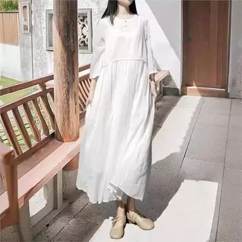 Johnature Женское Осеннее Нишевое Однотонное Платье Три Четверти С Застежкой Сращивание Винтажное Платье с О-образным Вырезом Личность One Size белый