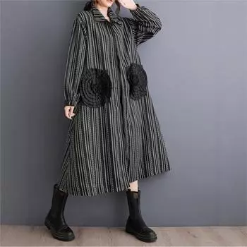 Johnature Женское осеннее нишевое повседневное платье в полоску с длинными рукавами, свободное платье с застежкой-молнией, винтажное платье с индивидуальностью One Size