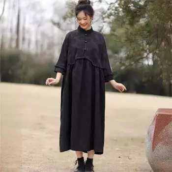 Johnature Женское Осеннее Нишевое Три Четверти Китайский Стиль Винтажное Платье Личность Свободное Сращивание Повседневное Ретро Платье One Size
