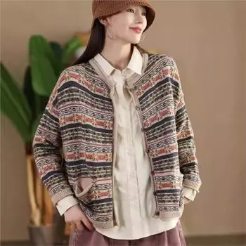 Johnature Женское Осеннее Нишевое Винтажное Жаккардовое Пальто с Длинными Рукавами Личность О-Образным Вырезом Китайский Стиль Ретро Трикотажное Пальто One Size зелёный