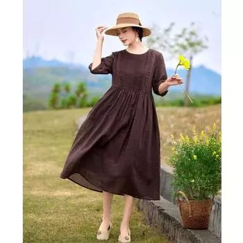 Johnature Женское осеннее нишевое жаккардовое платье с круглым вырезом и короткими рукавами, винтажное однотонное платье с плетением M кофейный