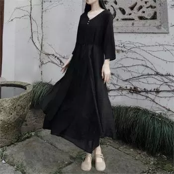 Johnature Женское осеннее однотонное платье в стиле ретро с V-образным вырезом, свободное повседневное платье в китайском стиле в винтажном стиле L чёрный