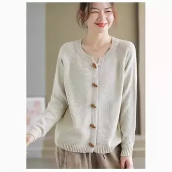 Johnature Женское осеннее однотонное повседневное свободное трикотажное пальто с роговыми пряжками в китайском стиле однобортное пальто One Size зелёный