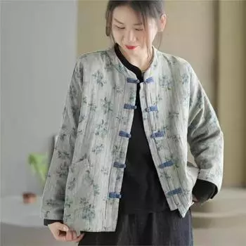 Johnature Женское Осеннее Пальто в китайском стиле с О-образным вырезом и рукавами, Свободное Однобортное Пальто с Длинными Рукавами One Size синий