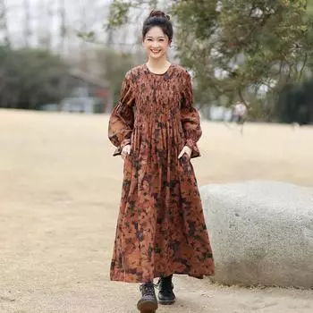 Johnature Женское Осеннее Платье С Длинными Рукавами и Принтом Свободное Платье С Рукавами-фонариками В Ретро Стиле One Size