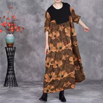 Johnature Женское Осеннее Платье Сращивания Принт Нестандартный Винтажный Стиль Модное О-Образным Вырезом Личность Повседневное Ретро Платье One Size