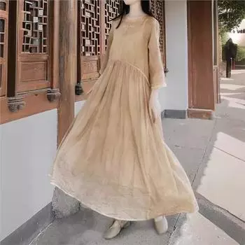 Johnature Женское осеннее платье в китайском стиле с индивидуальным дизайном и свободным кроем, платье с пряжкой в три четверти One Size хаки