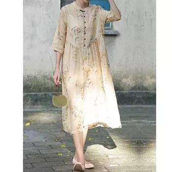 Johnature Женское осеннее платье в китайском стиле с коротким рукавом и воротником-стойкой, свободное повседневное винтажное платье с принтом One Size