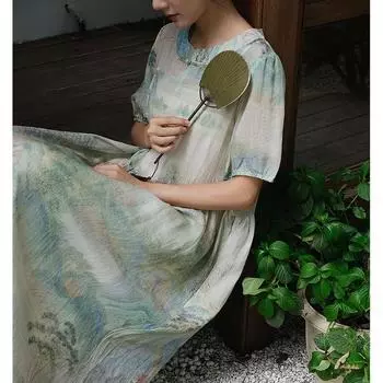 Johnature Женское осеннее платье в китайском стиле с короткими рукавами А-силуэта, модное платье с круглым вырезом и принтом в виде рукавов-фонариков One Size