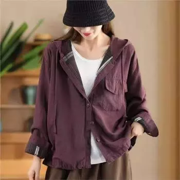 Johnature Женское Осеннее Повседневное Пальто С Капюшоном Длинные Рукава Свободные Сращивания Однотонное Винтажное Пальто L