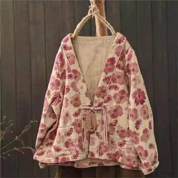 Johnature Женское Осеннее Повседневное Пальто В Винтажном Стиле С Принтом V-образным Вырезом Повседневное Пальто Длинные Рукава Ретро Мода Китайский Стиль Пальто One Size