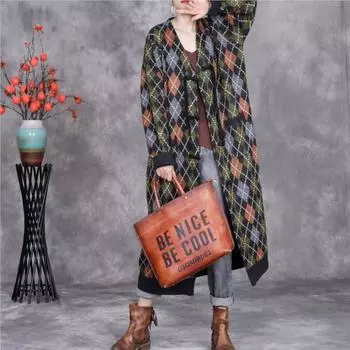 Johnature Женское Осеннее Свободное Пальто Вязаное Пальто В Клетку В Китайском Стиле Винтажное Пальто С Пряжкой V-образным Вырезом Длинные Рукава Пальто One Size