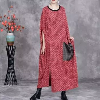 Johnature Женское Осеннее Свободное Повседневное Нестандартное Платье Модное О-Образным Вырезом Ретро Винтажное Платье One Size красный