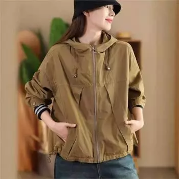 Johnature Женское Осеннее Свободное Повседневное Пальто С Длинными Рукавами На Завязках Однотонное Пальто С Капюшоном На Молнии One Size чёрный