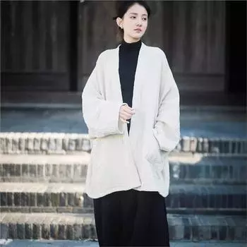 Johnature Женское Осеннее Винтажное Свободное Пальто с Длинными Рукавами Китайский Стиль Однотонное Ретро Пальто с V-образным Вырезом One Size