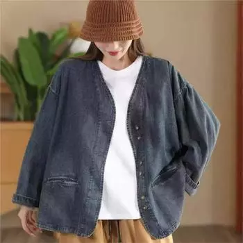 Johnature Женское осеннее винтажное длинное модное ковбойское пальто с V-образным вырезом, повседневное винтажное ретро-пальто One Size