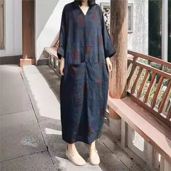 Johnature Женское Осеннее Винтажное Платье с Принтом Модная Ниша Повседневное Свободное Платье с Половиной Рукавов и V-образным Вырезом One Size