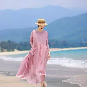 Johnature Женское осеннее винтажное ретро-платье с круглым вырезом, нишевое однотонное платье с длинными рукавами S светло-фиолетовый