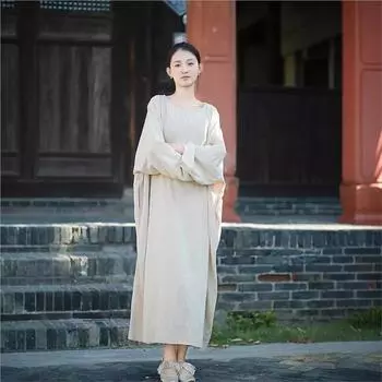 Johnature Женское осеннее винтажное свободное платье в китайском стиле, однотонное повседневное платье с круглым вырезом в стиле ретро One Size бежевый