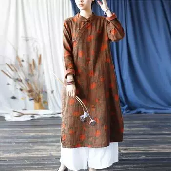 Johnature Женское платье А-силуэта в китайском стиле с длинным рукавом и цветочным принтом, винтажные платья на осень One Size