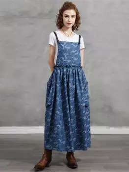 Johnature женское платье на подтяжках джинсовое платье с большим карманом и камуфляжным принтом модная одежда летнее винтажное свободное платье One Size синий