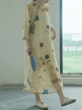 Johnature женское платье рами в китайском стиле с цветочным принтом высокого качества с семью рукавами осеннее винтажное платье на пуговицах L бежевый