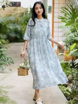 Johnature женское платье рами в китайском стиле с цветочным принтом и высокой талией винтажная одежда летние платья рами на пуговицах M бежевый