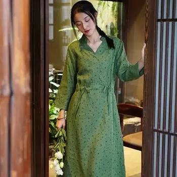 Johnature женское платье с цветочным принтом и v-образным вырезом из льняной ткани с девятью рукавами, весеннее повседневное платье трапециевидной формы высокого качества M жёлтый