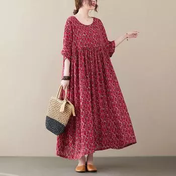 Johnature женское платье с коротким рукавом и принтом весна-лето повседневное винтажное свободное женское красное платье с круглым вырезом One Size красный