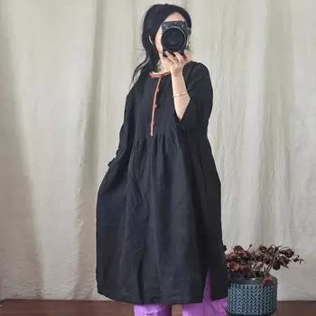 Johnature Женское платье с круглым вырезом и рукавом три четверти, летняя однотонная одежда в винтажном китайском стиле One Size розовый