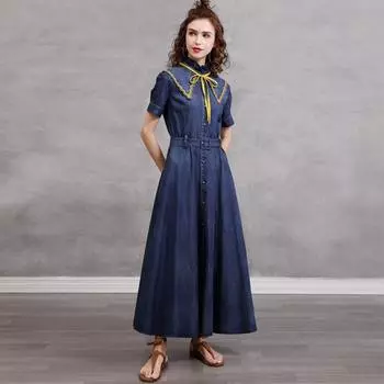 Johnature Женское платье с воротником-стойкой, грибковой кромкой, коротким рукавом, однотонным принтом и летним поясом, винтажное платье S синий