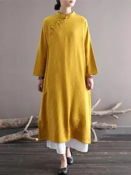 Johnature женское платье-стойка в китайском стиле желтое жаккардовое весеннее платье Cheongsam на пуговицах с длинным рукавом трапециевидной формы повседневные платья