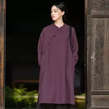 Johnature Женское платье-стойка в китайском стиле с длинным рукавом, однотонное, с пуговицами, осеннее, А-силуэт, винтажное платье One Size фиолетовый