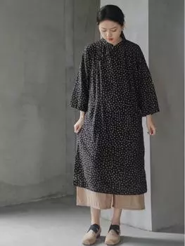 Johnature женское платье-стойка в китайском стиле в горошек из хлопка и льна, осеннее черное платье Cheongsam с девятью рукавами, женское платье трапециевидной формы
