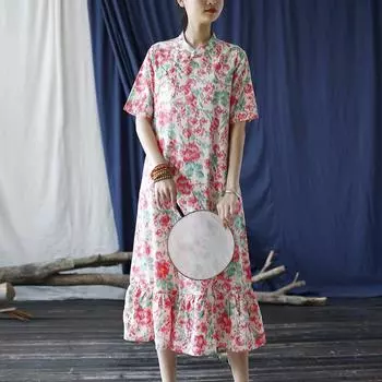 Johnature женское платье трапециевидной формы в китайском стиле с коротким рукавом и цветочным принтом, летние винтажные хлопковые женские платья One Size красный